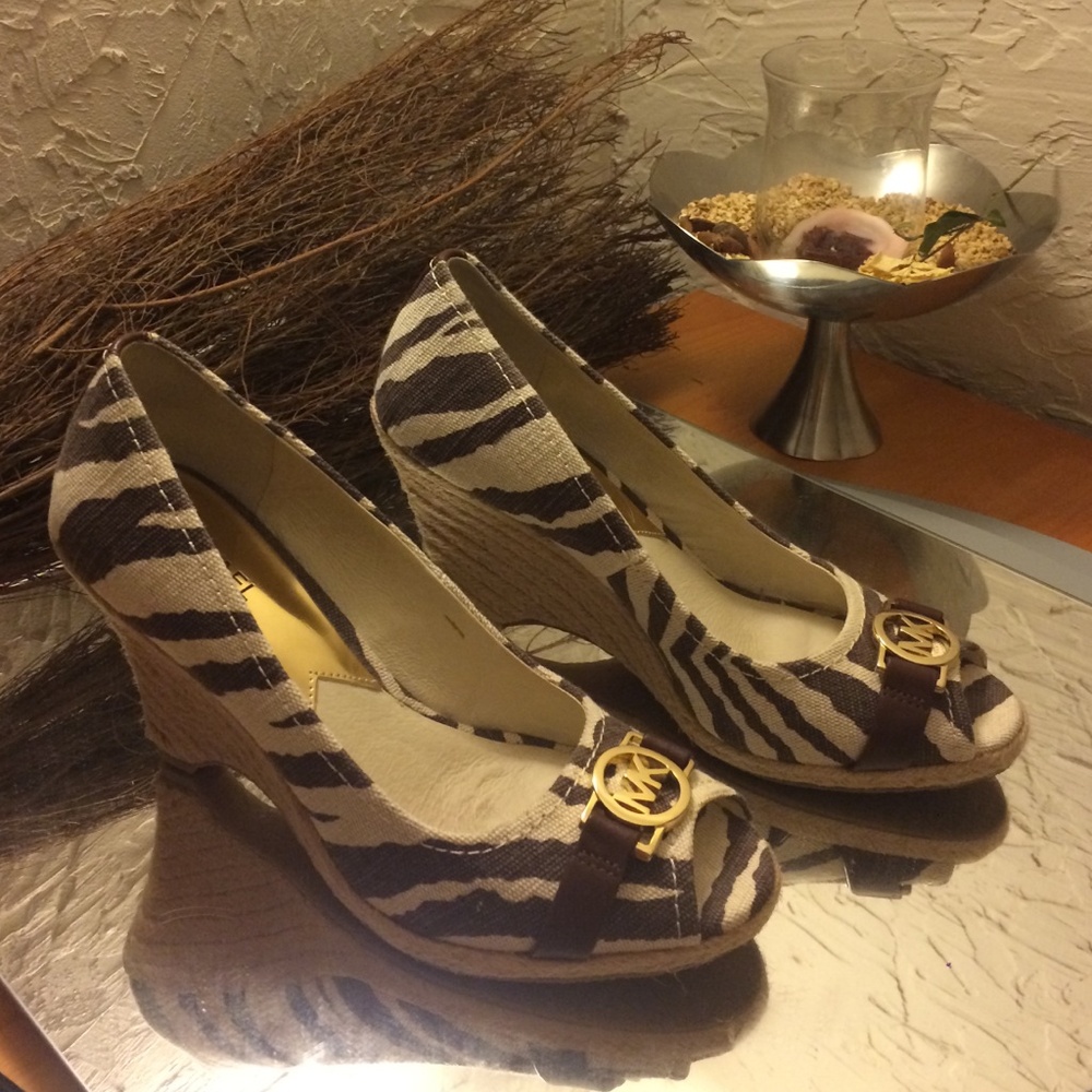 Michael Kors Brown and Cream Wedge Shoes with Gold Accents